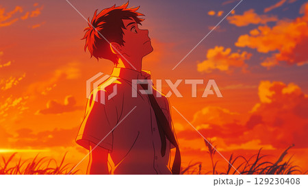 夕日の空を見上げるサラリーマン、アニメ風 夕日の空を見上げるサラリーマン、アニメ風 129230408