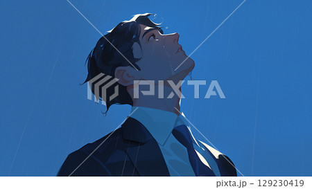 雨に濡れている空を見上げるサラリーマン、アニメ風 129230419