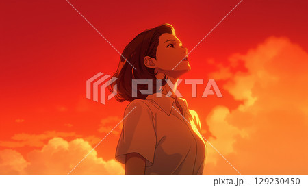 夕焼けの空を見上げるOL、アニメ風 129230450