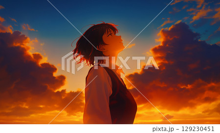 夕焼けと空を見上げるOL、アニメ風 129230451