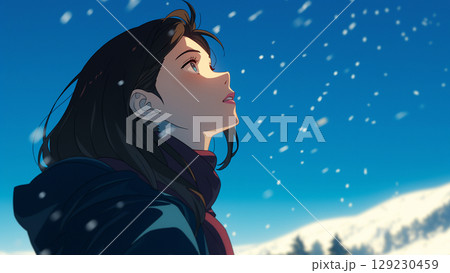 雪が舞う空を見上げるOL、アニメ風 129230459