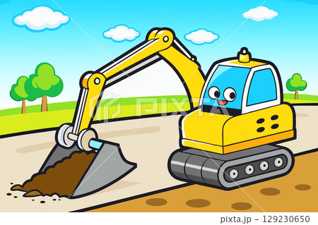 Excavator bulldozer on road repair, construction site Excavator bulldozer on road repair, construction site 129230650