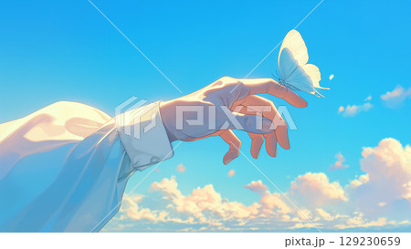 青空と蝶が止まっている指先、アニメ風 129230659