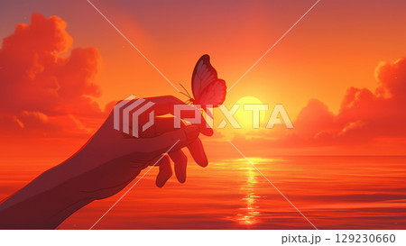 夕日の海と蝶が止まっている指先、アニメ風 129230660