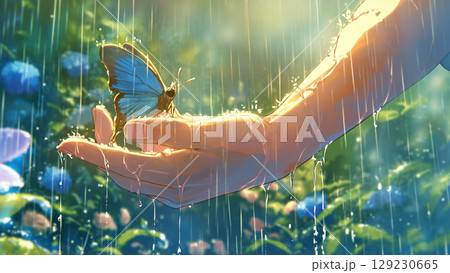 雨と蝶が止まっている指先、アニメ風 129230665