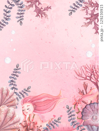 Watercolor underwater postcard for birthday girl with mermaid tail for party invitation card. Watercolor underwater postcard for birthday girl with mermaid tail for party invitation card. 129230915