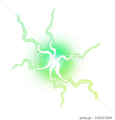 透明背景の緑色の雷を伴う電気球体エフェクト 129231069