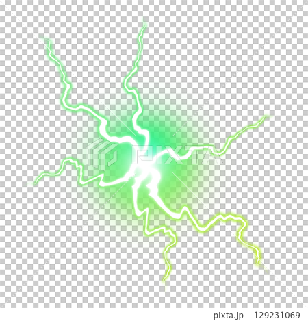 透明背景の緑色の雷を伴う電気球体エフェクト 129231069