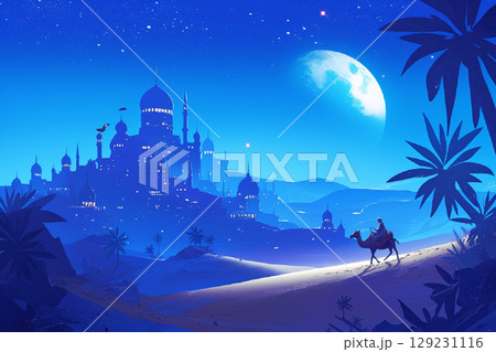 砂漠にある中東風のお城とラクダに乗った旅人 砂漠にある中東風のお城とラクダに乗った旅人 129231116