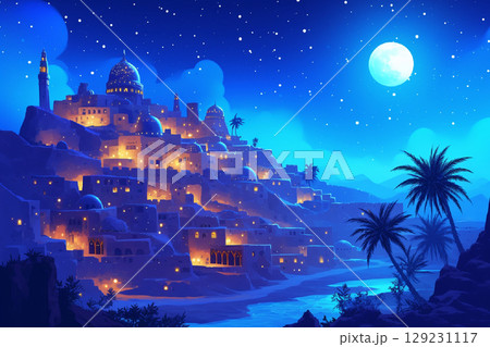 幻想的なお城と満月 幻想的なお城と満月 129231117