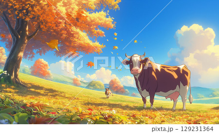 秋の草原の牛、アニメ風 秋の草原の牛、アニメ風 129231364