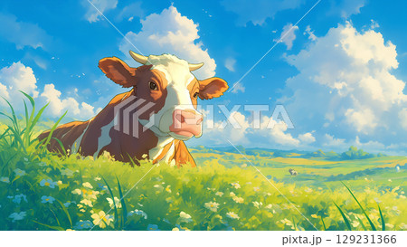 春の草原にいる牛、アニメ風 129231366