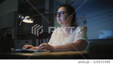 Elementary School Teacher Working on Computer at Night During Distance Learning 129231490