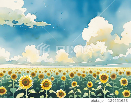 ふんわりした雰囲気のひまわり畑のイラスト 129231628