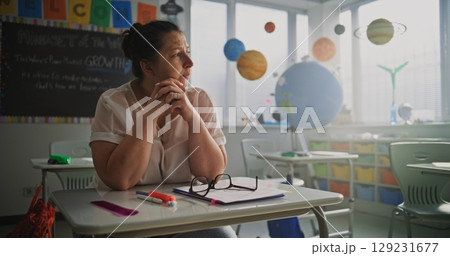Tired Female Teacher Sitting Alone at the Desk in Empty Classroom, Feeling Burnout and Mental Exhaustion 129231677