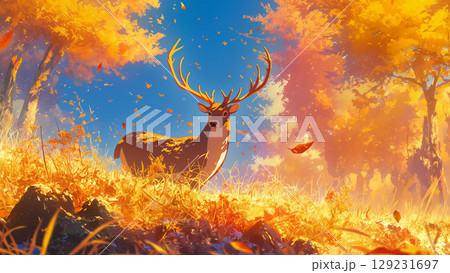 紅葉した森の鹿、アニメ風 129231697