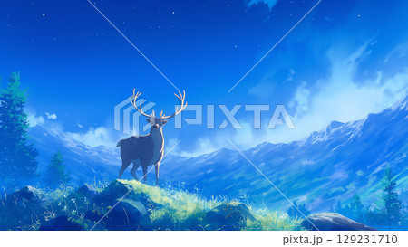夕まづめの岩山に立つ鹿、アニメ風 夕まづめの岩山に立つ鹿、アニメ風 129231710