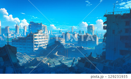 夏の青空と荒廃した街、アニメ風 129231935