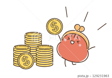 山積みの$コインに大喜びでバンザイしているおサイフさん 129231963