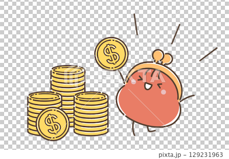 山積みの$コインに大喜びでバンザイしているおサイフさん 129231963