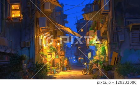 灯が灯る夜の下町の風景、アニメ風 129232080