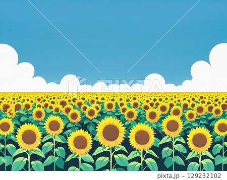 ひまわり畑と夏の青空のイラスト 129232102