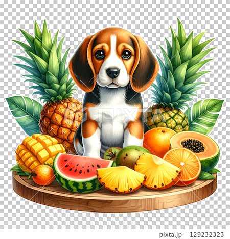 被熱帶水果包圍的小獵犬小狗 1 / 傳單和海報材料 被熱帶水果包圍的小獵犬小狗 1 / 傳單和海報材料 129232323