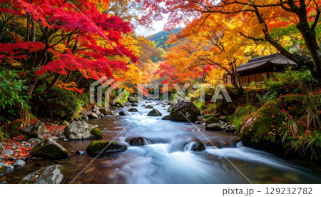 紅葉に映える渓流の秋景色 129232782