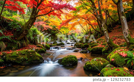 紅葉に映える渓流の秋景色 129232783