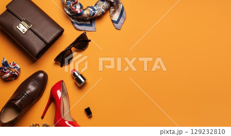 ファッションのシューズ・バッグやアクセサリーとカラフルな背景画像 129232810