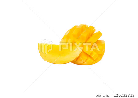 Vibrant yellow sliced mango, uniquely shaped, isolated on white, PNG Vibrant yellow sliced mango, uniquely shaped, isolated on white, PNG 129232815