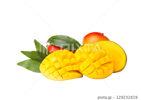 Mangoes and apples with green leaves, isolated on white, PNG Mangoes and apples with green leaves, isolated on white, PNG 129232819