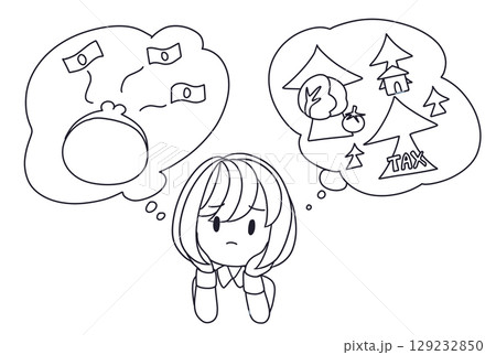 お金の不安がある女性の線画 129232850