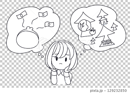 お金の不安がある女性の線画 129232850