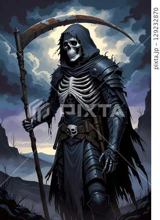 鎌を持った死神の戦士・ファンタジーTRPGキャラクター、ポートレートイラスト 129232870