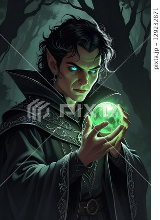 緑のオーブを持った怪しい男性魔術師・ファンタジーTRPGキャラクター、ポートレートイラスト 129232871
