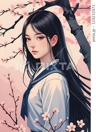 桜の下に立つ制服の女子高生・TRPGキャラクター、ポートレートイラスト 129232872
