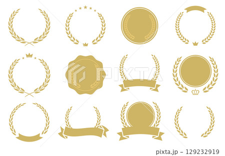 ランキング、アニバーサリーの月桂冠・月桂樹柄メダル、フレームのベクターイラストセット 129232919