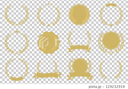ランキング、アニバーサリーの月桂冠・月桂樹柄メダル、フレームのベクターイラストセット 129232919