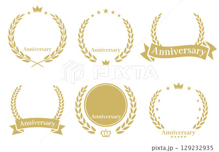 アニバーサリーの月桂冠・月桂樹柄メダル、フレームのベクターイラストセット 129232935