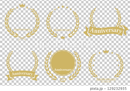 アニバーサリーの月桂冠・月桂樹柄メダル、フレームのベクターイラストセット 129232935