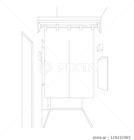 店舗の入り口にかかる暖簾を描いた線画 129232965