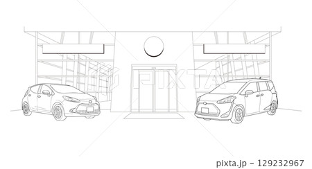 車のショールームの前に車が2台展示されている線画 車のショールームの前に車が2台展示されている線画 129232967
