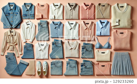 ファッションのシューズ・バッグやアクセサリーとカラフルな背景画像 129233260