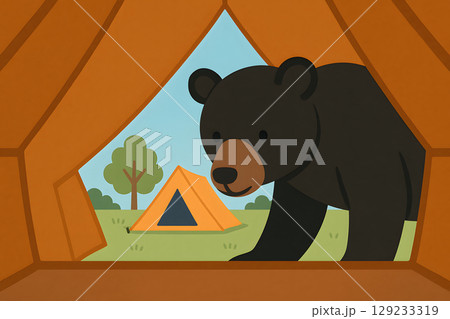 クマがキャンプ場のテントをのぞき込む、熊出没の周囲喚起のイラスト 129233319
