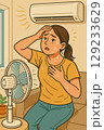 エアコンと扇風機を併用する汗だくの女性 129233629
