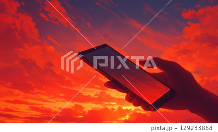 真っ赤な夕焼けの空とスマートフォンを持つ手、アニメ風 129233888