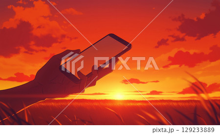 夕日が沈む水平線とスマートフォンを持つ手、アニメ風 129233889