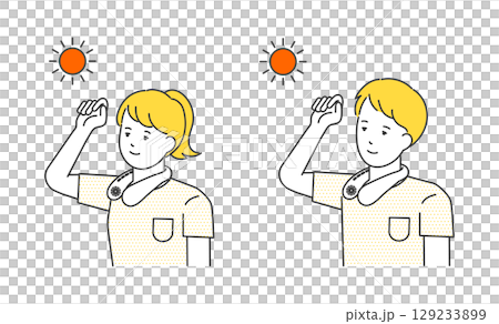 Image illustration material set of men and women wearing neck coolers to protect against the summer heat 129233899