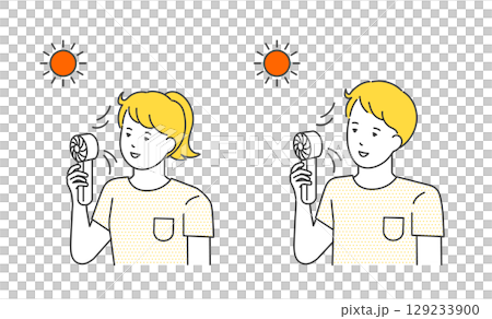 圖像插圖素材集的男女手持方便扇子來抵禦夏日的炎熱 129233900